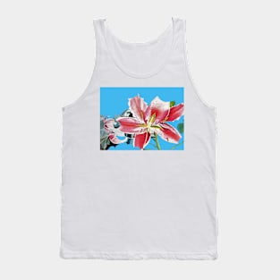 Red Oriental Lily lillies Art Floral Watercolor Painting Blue Tank Top